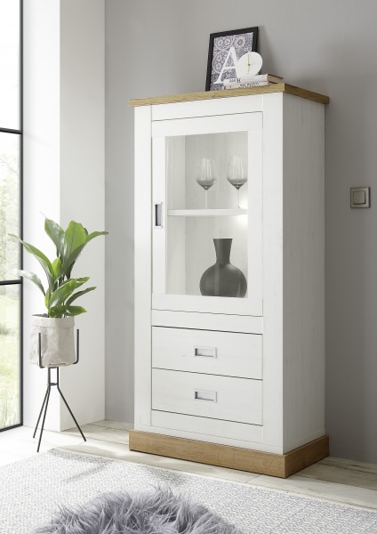 Buffet Schrank Vitrine "Hamptons" - in Pinie Weiss Dekor, 73x146x40