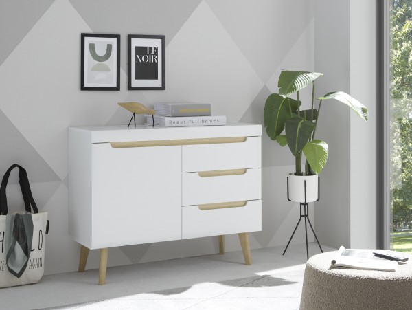 Sideboard "Lumira"  - Scandi Oak Dekor & Weß Melamine/Mat, 107/ 83/ 40