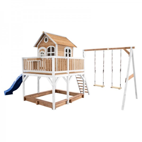 Holzspielhaus "Leon V" 277x613x291cm, braun-weiß, Rutsche(Blau)+Sandkasten+Doppelschaukel