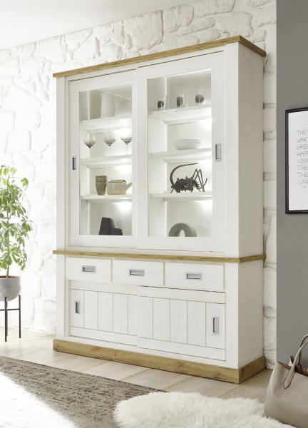 Buffet Schrank Vitrine &quot;Hamptons&quot; - in Pinie Weiss Dekor 150x204x40 mit Beleuchtung