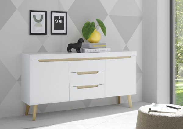 Sideboard "Lumira"  - Scandi Oak Dekor & Weiß Melamin/Matt, 160/ 83/ 40