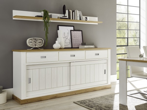 Sideboard  "Hamptons" - in Pinie Weiss Dekor, 215x95x50,mit 2 Türen und 3 Schubladen