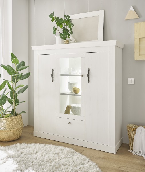 Highboard "Hygge" - in Pinie Weiss Dekor, 140/ 146/ 44, Esszimmer, Wohnzimmer